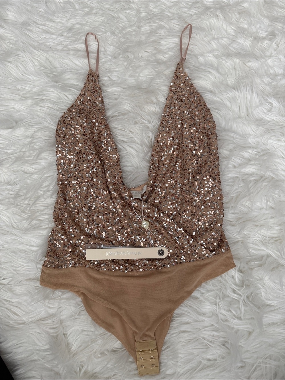 Jonathan Simkhai Rose Gold Sequin Plunge Bodysuit